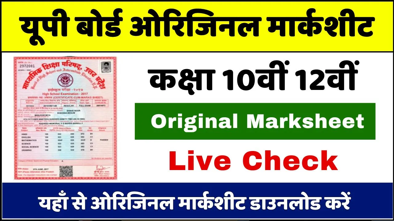 UP Board Original Marksheet 2024 Download PDF: यूपी बोर्ड 10वीं 12वीं ओरिजिनल मार्कशीट, यहां से डाउनलोड करें